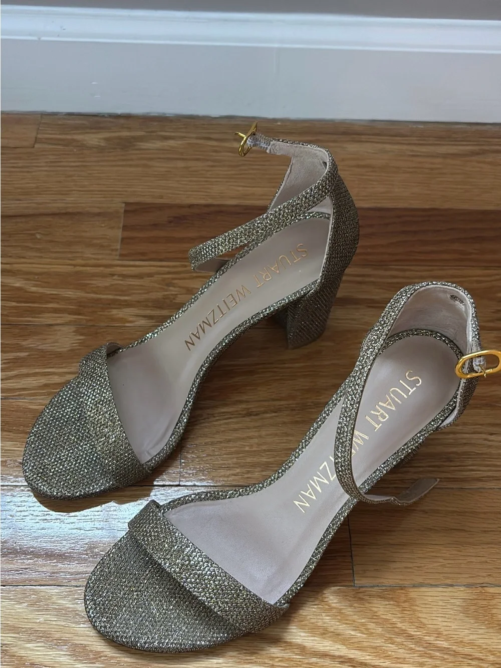 Stuart Weitzman Gold Glitter Strappy Block Heel Sandals